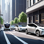 **Prompt:** A futuristic city street filled with self-driving cars, electric vehicles charging, and people using shared scooters, showcasing a connected and sustainable urban environment. The scene should convey convenience, technological advancement, and environmental consciousness.
