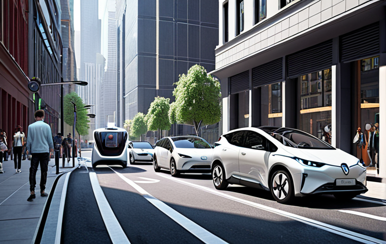 **Prompt:** A futuristic city street filled with self-driving cars, electric vehicles charging, and people using shared scooters, showcasing a connected and sustainable urban environment. The scene should convey convenience, technological advancement, and environmental consciousness.