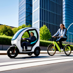 A vibrant cityscape scene featuring diverse, fully clothed individuals utilizing modern smart mobility solutions. A professional woman in a modest business casual outfit is gracefully riding an electric shared kickboard on a dedicated lane, while a man in smart casual wear cycles past on a shared bicycle. In the background, a sleek, fully clothed autonomous electric shuttle car navigates a clean urban street lined with contemporary architecture and green infrastructure. The scene captures the efficient and fluid movement of urban life, under bright daylight. Professional street photography, high resolution, natural lighting, safe for work, appropriate content, fully clothed, perfect anatomy, correct proportions, natural pose, well-formed hands, proper finger count, natural body proportions, professional, family-friendly.