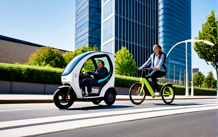 A vibrant cityscape scene featuring diverse, fully clothed individuals utilizing modern smart mobility solutions. A professional woman in a modest business casual outfit is gracefully riding an electric shared kickboard on a dedicated lane, while a man in smart casual wear cycles past on a shared bicycle. In the background, a sleek, fully clothed autonomous electric shuttle car navigates a clean urban street lined with contemporary architecture and green infrastructure. The scene captures the efficient and fluid movement of urban life, under bright daylight. Professional street photography, high resolution, natural lighting, safe for work, appropriate content, fully clothed, perfect anatomy, correct proportions, natural pose, well-formed hands, proper finger count, natural body proportions, professional, family-friendly.